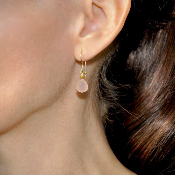 14k Solid Yellow Gold Pink Chalcedony Tear Drop Dangler/Earrings - Picture 2 of 4